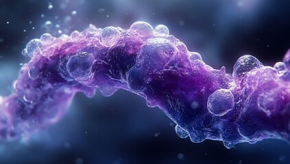 Microscopic view of a DNA strand with vibrant purple and blue hues, showcasing its complex structure.