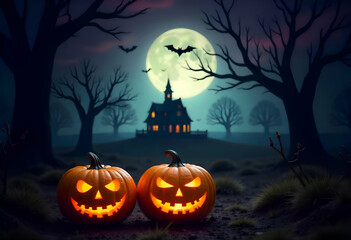 A spooky Halloween scene with a haunted house in the background, surrounded by a dark forest with bare trees and bats flying overhead. In the foreground, there are two carved pumpkin jack-o'-lanterns 