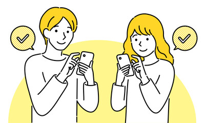 スマホを笑顔で操作する男女のカップル・シンプルでポップなベクターイラスト