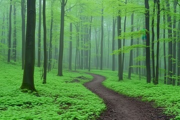 Fototapeta premium Serene Forest Pathway in Lush Green Landscape