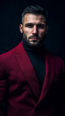 Fototapeta premium man with brown hair beard wearing maroon suit black background serious expression looking at camera audience fashion photography portrait