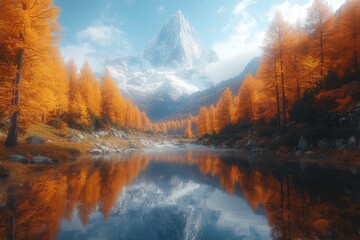 Obraz premium Serene Mountain Reflection in Autumn Landscape