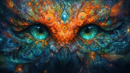 Obraz premium Cosmic owl, vibrant teal, orange fractal.