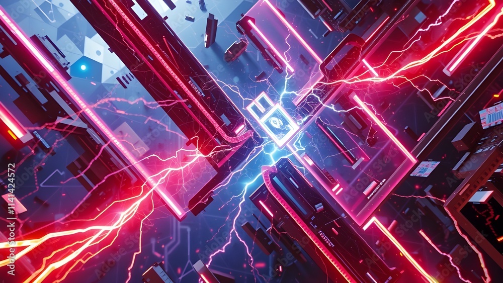 Poster abstract digital technology network with fractal patterns and data flow