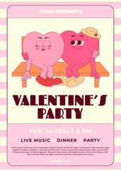 Retro Groovy Valentines Party Invitation. Lovely and romantic couple hearts characters on bench in retro groovy style. Love holiday concept. Vector vertical banner, pink colors