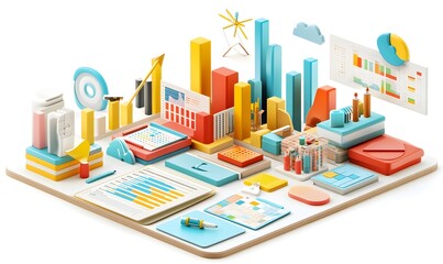 Fototapeta premium Colorful isometric data visualization, charts, and graphs.