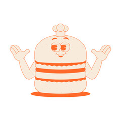 Funky burger character with chefs hat in trendy retro groovy style. Psychedelic fast food mascot with face and hands. Cool vector sticker in monochrome palette