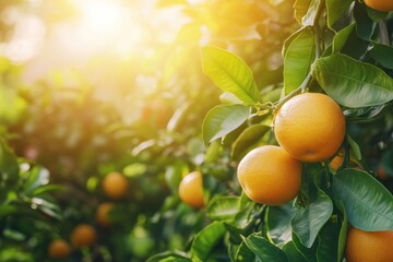 Ripe Oranges on a Branch in a Sunny Orchard