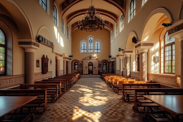 Fototapeta premium Sunlit Church Interior with Rows of Wooden Pews