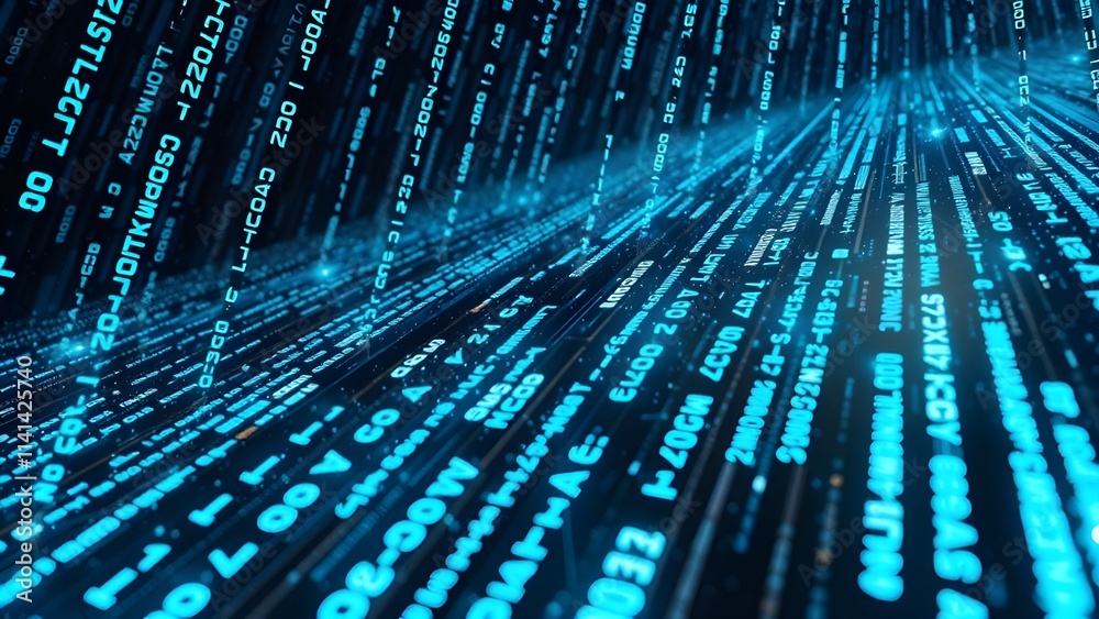 Poster abstract blue binary code with digital spots and tech-inspired design