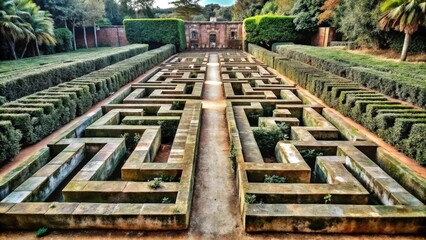 A Stone Labyrinth with Green Hedges and a Brick Building in the Background