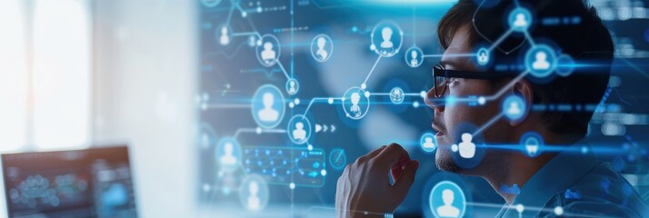 A thoughtful professional analyzes data and connections through augmented reality technology, surrounded by digital elements and visual interfaces.