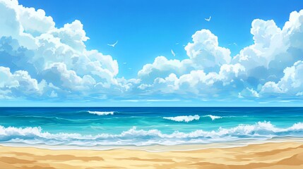 Obraz premium Tranquil beach scene with soft sand, calm sea, and clear blue sk