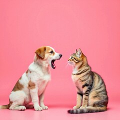 A dog barking at a cat on a pink background captures humor, playfulness, and pet rivalry, showcasing the quirky and energetic bond between animals in a fun setting.