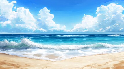 Tranquil beach scene with soft sand, calm sea, and clear blue sk