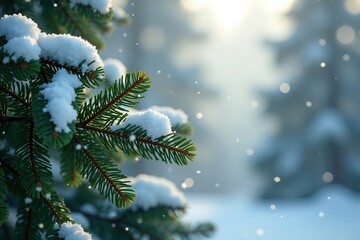 Softly falling snowflakes dance around pine branches, peaceful, pine needles