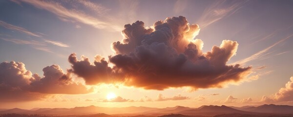 Soft orange hues with wispy clouds illuminated by sun rays, warm light, gentle twilight, peaceful atmosphere