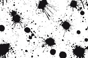 Black ink splatters on white background; seamless pattern ideal for design projects needing grunge texture. Use as background, wallpaper, or overlay to add a edgy, artistic feel to any design.
