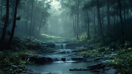 Obraz premium Enchanted Forest Waterfall: A Serene Nature Escape