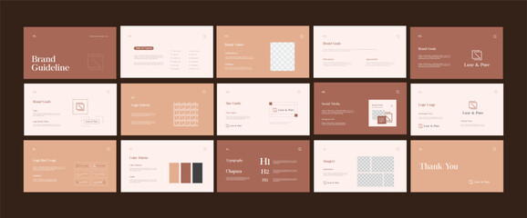 Brand identity framework template. Innovative brand standards layout. Logo and branding strategy guide. Brand presentation manual.