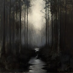 Naklejka premium Dark Forest River: A Serene Landscape Painting