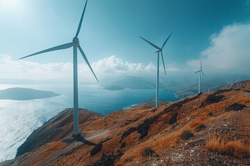 Wind turbines on a cliff overlooking a blue ocean and mountains. AI generative.
