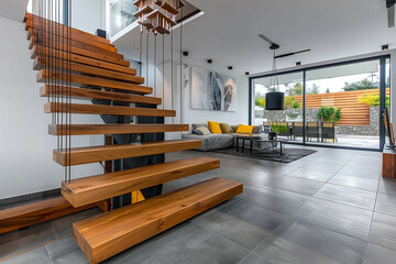 A modern interior design featuring a staircase with floating wooden steps and a cozy living area