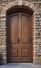 Textured stone wall frames elegant wooden door entrance, stone wall textures, architectural interest