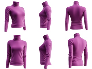 a set of six a woman's pink turtleneck sweater. featuring a front view. side view. and back view. all on a transparent background