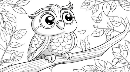 Cute Cartoon Owl on Branch Coloring Page