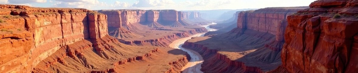 Towering rock walls and sprawling canyonscape with rust-colored sandstone, vastness, grandeur