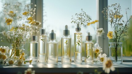 Elegant glass droppers filled with natural botanical beauty oils in a clean minimalist studio composition  Concept of natural wellness skincare and organic cosmetic products