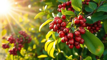 Fototapeta premium Morning sunlight illuminating red coffee berries on green shrubs with rays of light filtering through foliage, vibrant, morning, nature