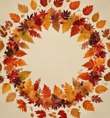 vibrant autumn leaves arranged in a circular pattern on a neutral beige background, subtle colour gradation, circular arrangement