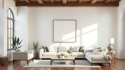 Fototapeta premium A cozy and spacious living room featuring a mockup of wall art with modern design, creating a welcoming atmosphere, interior design, furniture