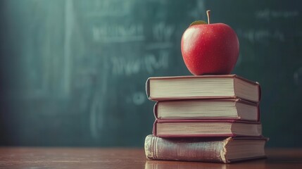 Red apple atop a stack of books against a chalkboard. Perfect for education, back to school, or knowledge themes.