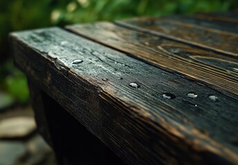 Fototapeta premium Dark wood table surface with water droplets.