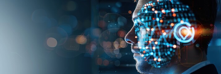 Image A man with a digitally enhanced face, showcasing data visualization and technology elements, represents the integration of AI and human interaction.