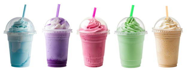 Milkshake Smoothie Ice Blended in dome lid plastic disposable transparent cup on transparent background cutout, PNG file. Many assorted different flavour Mockup template for design	
