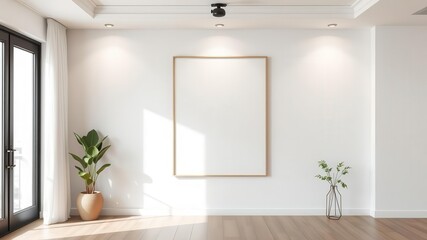 A minimalistic wall art mockup displayed in a clean and modern interior setting, clean, template