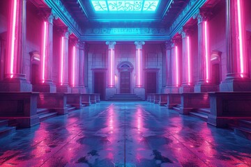 Classic columns illuminated by neon pink light with a wet marble floor. AI generative.