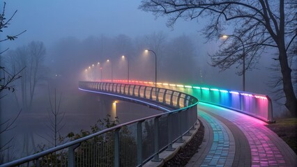 Modern pedestrian bridge with colorful led lights creating a vibrant spectacle in a foggy night, enhancing urban infrastructure and offering a safe and visually appealing passage over a river