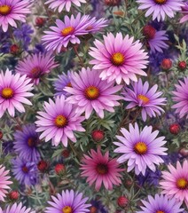watercolor painting of autumn aster flowers in shades of purple pink and red, purple, flowers, autumn aster