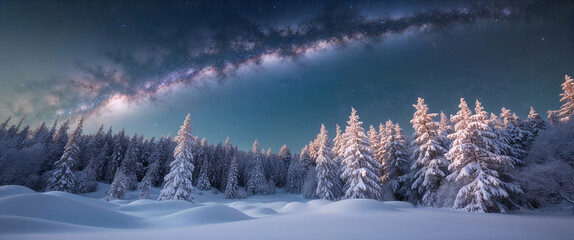 Fototapeta premium Winter landscape with snow-covered trees and a starry night sky filled with the Milky Way