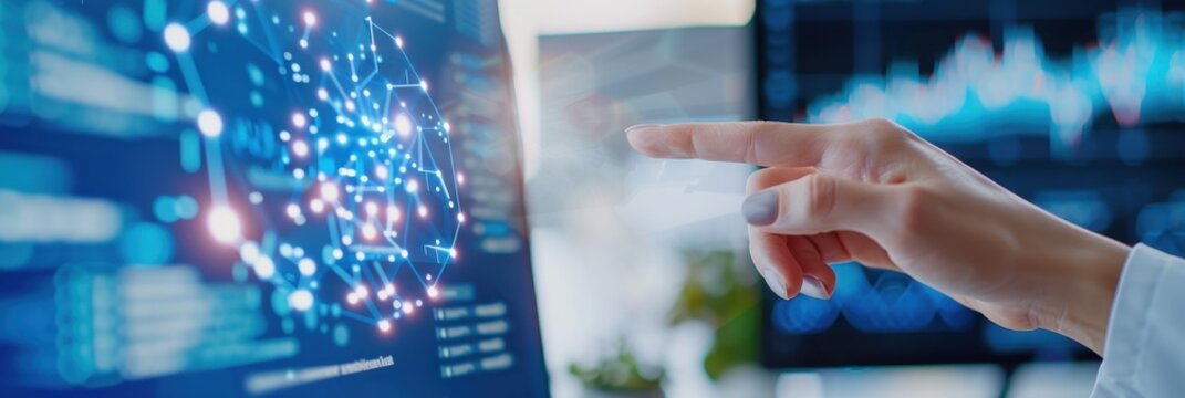 A person interacts with a digital interface displaying graphical data, representing technology and data analysis.