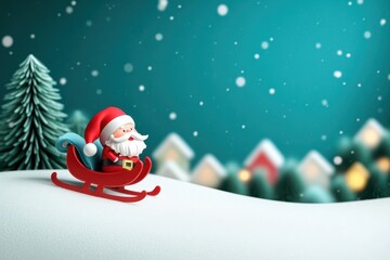 Illustration of a cute Santa Claus figurine sits on a red sleigh in a snowy landscape with pine trees and houses in the background.