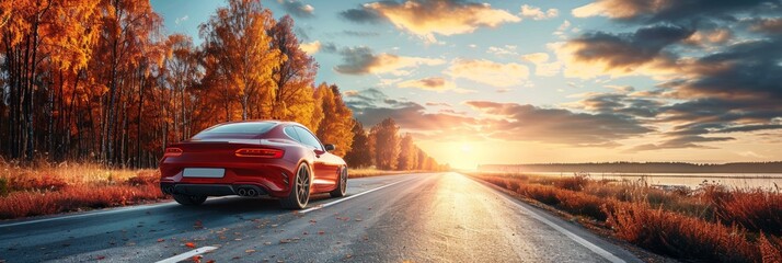 Red sports car drives on a winding road through autumn foliage with a bright sunset in the background. AI generative.