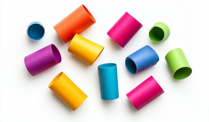 Colorful paper tubes scattered on white background.