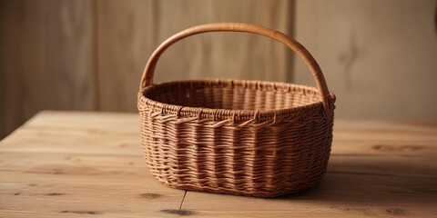 Woven wicker basket with a flat brown lid and handle on a wooden table , basket, wooden