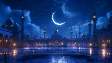 Fototapeta premium Nighttime Mosque Cityscape Under Crescent Moon